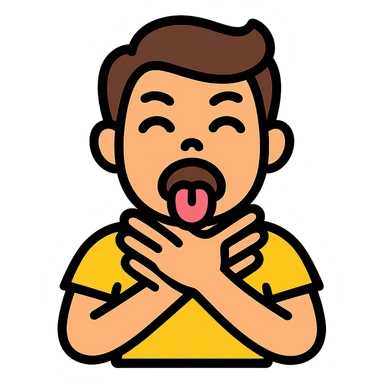 person pretending to choke themselves in a slapstick, exaggerated way, silly face, tongue out, comical hands on neck, vibrant colors sticker