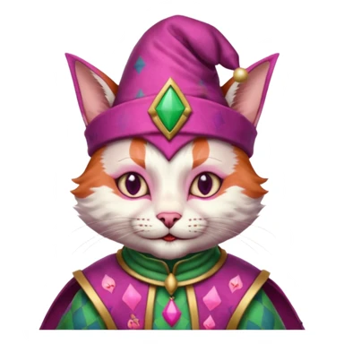 court jester cat medieval, single poker card joker clearly visible, pink, face only, court jester cap sticker