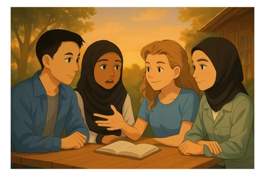 Continuation of the scene: The second girl in hijab (to the left of the blonde girl) is speaking, others are listening. Gentle wind visible in her hair and the book's pages. Faces remain identical to the original image. sticker