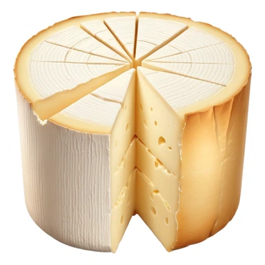 small cylindrical wheel of Chaource cheese with soft wrinkled white rind and creamy pale ivory interior, one clean slice showing dense slightly oozy center, upright shape with rounded edges and bloomy textured surface, soft lighting, subtle shadows, emoji scale sticker
