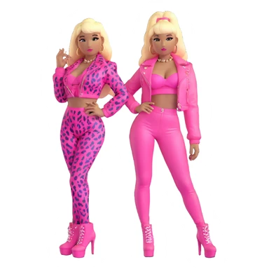 Nicki Minaj wearing pink and white leopard print Super Bass outfit with bangs and split-dyed hair blonde on left side pink on right side sticker