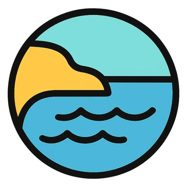 Enhance the sea icon by adding a visible coastline or land border, gentle waves, and lighter blue water. Maintain the circular shape with a medium black border, no frame, and white background in the color outline style. sticker