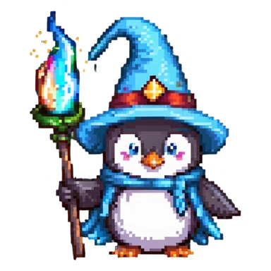 a cute penguin wizard with a pointy hat and a magic wand sticker