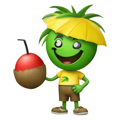 "Create a fun emoji of a green coconut with a red straw on top. The coconut is wearing a yellow t-shirt and making a 'C' gesture with one hand and a 'thumbs up' with the other. The character should appear cheerful and inviting." sticker
