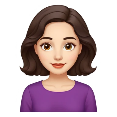 Warm enthusiastic woman with light skin, oval face, soft defined features, large expressive brown eyes, medium arched eyebrows, small nose, medium lips with relaxed smile, long wavy dark brown hair styled simply, wearing a soft vibrant colored elegant blouse sticker