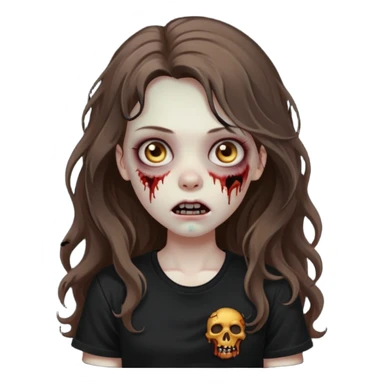 crie um emoji de uma garota zoombie cabelo castanho e longo , assustadora e fofa com cabelo ondulado 2b e camiseta básica preta sticker