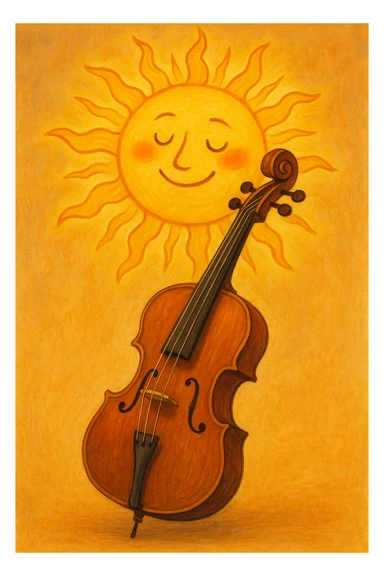 A cello with its upper half transforming into a glowing sun, warm yellow and orange tones, playful and surreal. sticker