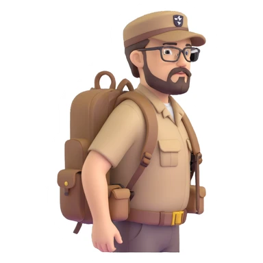 adventurer with goatee beard (no beard on cheeks), short hair, glasses, backwards military tan cap and backpack sticker