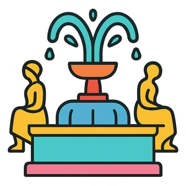 A colorful illustration of a fountain with statues, outlined in black sticker