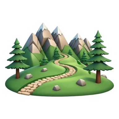 A 3D cartoon mountain trail winding up green slopes with stones and pine trees, distant peaks in background, warm daylight, Memoji-style.A 3D cartoon coiled climbing rope with a carabiner, golden color, resting on a rocky surface, realistic soft shadows, Memoji-style rendering. sticker