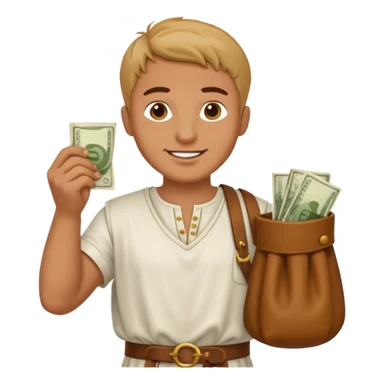 Emoji portrait of a Roman merchant. Loose-fitting clothes, holding a money pouch, cheerful expression. sticker