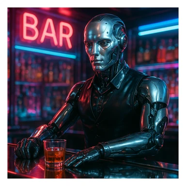 photorealistic android bartender in a neon bar, reflective surfaces, cinematic lighting sticker