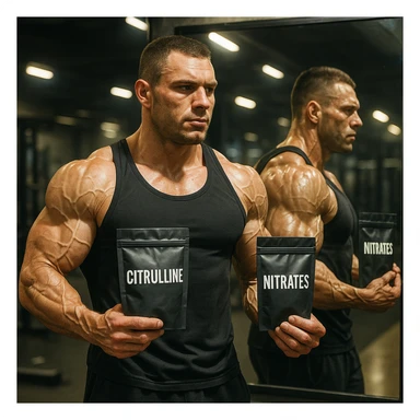 realistic bodybuilder in front of gym mirror, veins visible on arms and shoulders, holding Citrulline and Nitrates packages, reflection emphasizing vasodilation, intense light, motivating atmosphere, detailed sticker