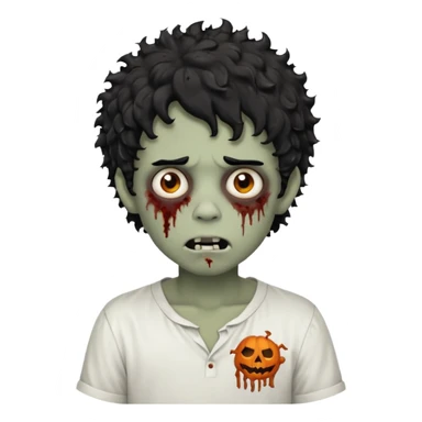 Boy, zombie, black hair, curly hair with white tips, shaggy, dark, spooky, creepy expression, white shirt sticker