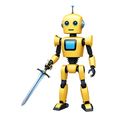 a tall yellow and black robot with an elongated rectangular head and two blue eyes at the top and bottom. also armed with a yellow sword sticker
