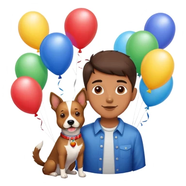 boy and his dog at party with balloons and cake sticker