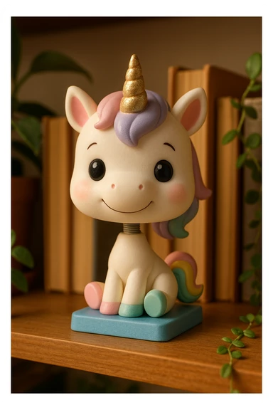 a unicorn bobblehead, pastel colors, sparkly horn, cute expression sticker
