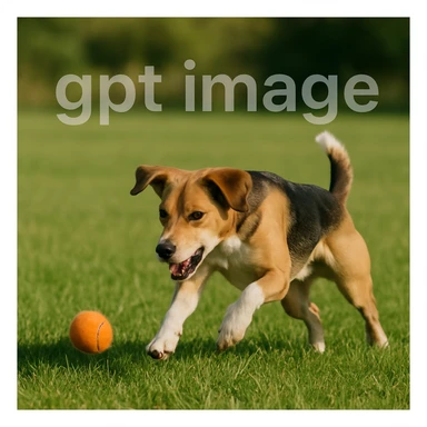  logo with text "gpt image" on the background of a dog chasing ball, realistic image sticker
