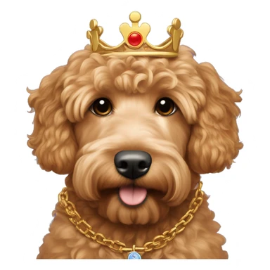 red apricot mini goldendoodle wearing golden crown and a gold chain with Dart Technologies logo sticker