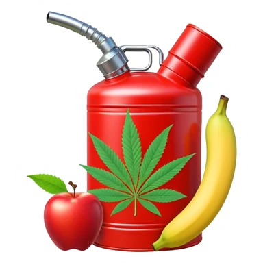 bright red gasoline canister surrounded by a banana, an apple, grapes, and a cannabis leaf, red fuel can with fruits and marijuana leaf arranged around it sticker