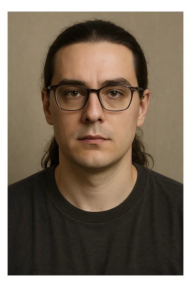 upper body portrait of a person with long pulled back dark brown hair, hazel eyes, and glasses, neutral expression sticker