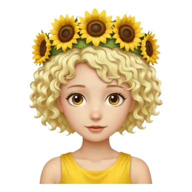 Fair skin female, short platinum-blonde curly hair, wearing a yellow sunflower crown. sticker