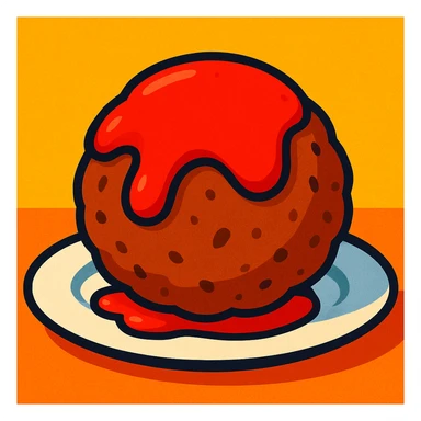 a meatball with tomato sauce on a plate, cartoon style, vibrant colors sticker