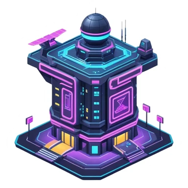 neon, cyberpunk, isometric flying space building sticker