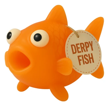 Change the body color of the Derpy Fish to match the exact bright orange color and transparency of the reference clownfish. Keep the retro 90's toy look, derpy eyes, soft plastic texture, soft reflections, soft and squishy, some cloudiness, not shiny, highly detailed, appealing, with the 'DERPY FISH' tag, no background. Match the color and transparency to the reference image as closely as possible. sticker