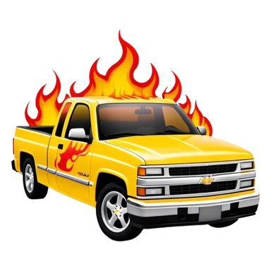 1997 yellow Chevrolet Silverado with detailed custom airbrushed red flame artwork spreading across hood and front, movie-accurate Kill Bill design, 30-degree angle, iOS emoji style sticker