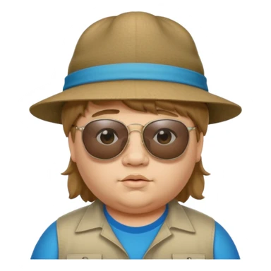 a very fat 16 year old boy who has light brown hair and a mullet and wearing a hat with upside down sunglasses on top of the hat sticker