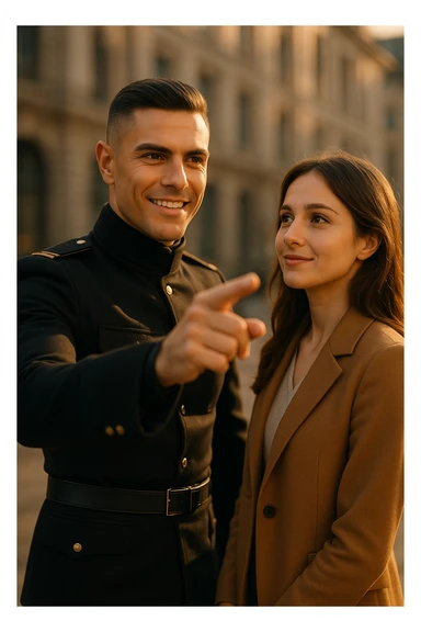 A confident man standing in front of a woman, gently pointing forward with a clear direction, showing leadership and confidence, the man is dressed sharply like a commander, the woman looks at him with trust, warm sunlight, cinematic lighting, high-resolution, realistic details, elegant urban background, depth of field, 50mm lens look. sticker