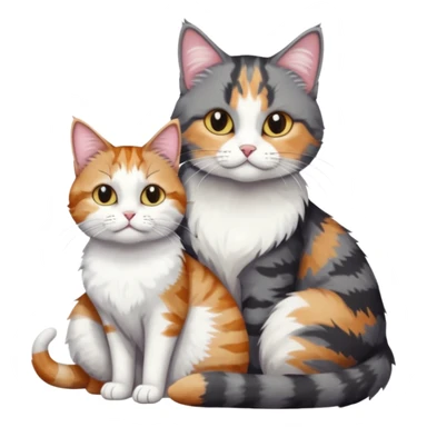 full body colourful light patched calico + white tabby cat cuddling a bigger cat that is dark grey and white tabby cat  sticker