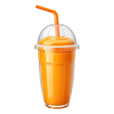 orange smoothie with mango pieces, plastic shaker with dome lid, straw sticker