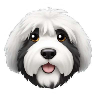 Old English sheepdog with a half and half face like a black (left) and white (right) cookie sticker