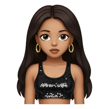 Aaliyah with long dark brown hair, sequin black crop top sticker