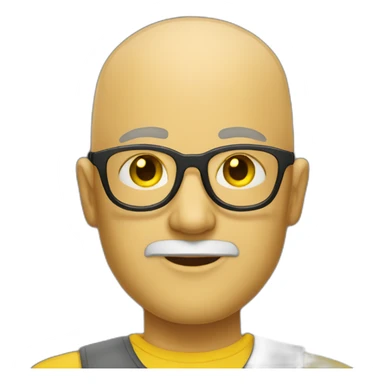 A bald man with yellow transparent fashionable glasses and a beard sticker