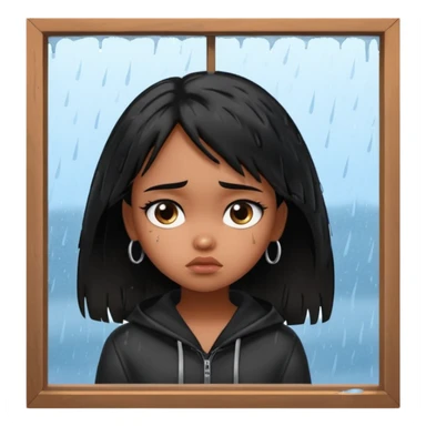 generate a pretty bratz brown skinned girl with messy black hair looking out of the rainy window, looking very sad. SIDE ANGLE sticker