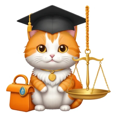 cat wearing a graduation cap, holding scales of justice sticker
