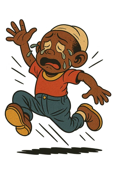 Memín Pinguín jumping and crying with big tears and a sad expression in classic comic style, transparent background. sticker