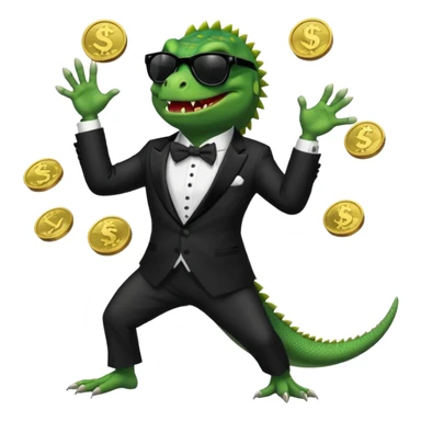 capitalist iguana banker in tuxedo and black sunglasses dancing crazy with coins sticker