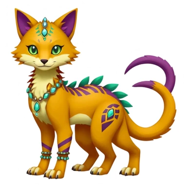 Kawaii cute reddish orangish yellowish greenish purplish exotic tribal beautiful pretty elegant divine edgy feline-vernid-sergal-Fakémon-Pokémon-Digimon-fursona-animal-creature with accessories, jewelries, full body, with intricate detailed markings sticker