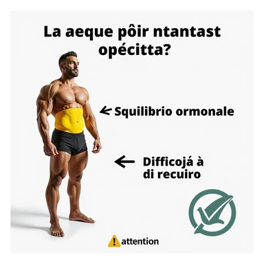 realistic infographic in Italian: bodybuilder with lower torso highlighted in yellow, arrows pointing to 'Squilibrio ormonale' and 'Difficoltà di recupero', attention symbol, educational style, white background sticker