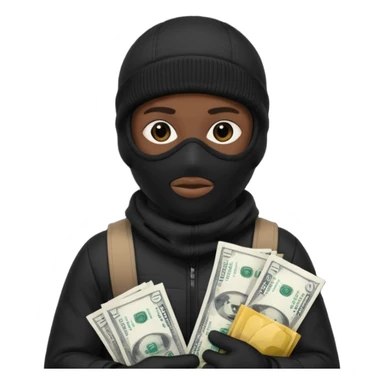 Black Ski mask holding bags of money with  skin color black sticker