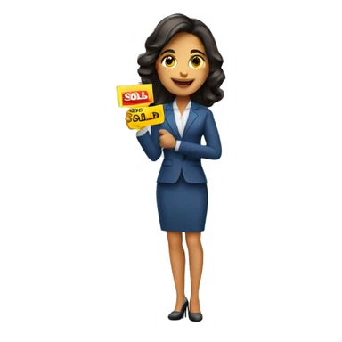 Hispanic realtor woman holding sold sign sticker