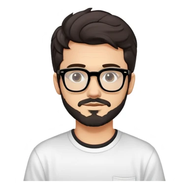 young adult man with light skin, short beard, dark wavy hair, relaxed expression, very wide rectangular glasses with thick black acetate frame and thick double bridge, retro oversized style, colorful open shirt and white t-shirt sticker