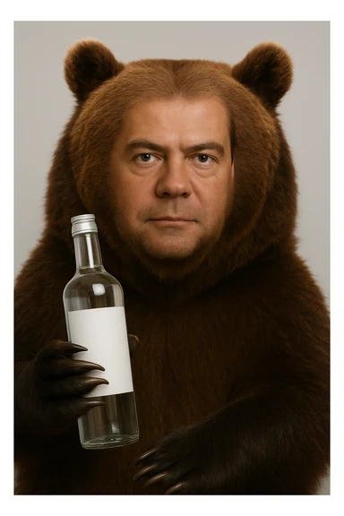 Сгенерируй мне медведя, с лицом этого человека (Дмитрия Медведева). Он держит в руках водку, с пустой этикеткой, без надписей. sticker