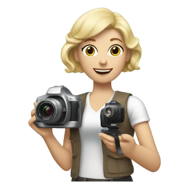 White woman with blond page hair holding a vlog camera sticker