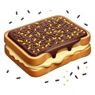 Hagelslag Cinematic Realistic Hagelslag Treat Emoji, depicted as crunchy chocolate sprinkles scattered on a slice of buttered bread, rendered with vivid textures and playful, inviting lighting. sticker