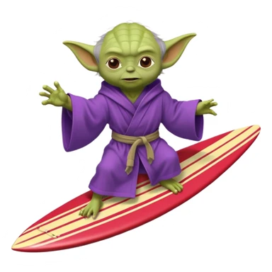 yoda in a purple robe surfing in a rocket sticker